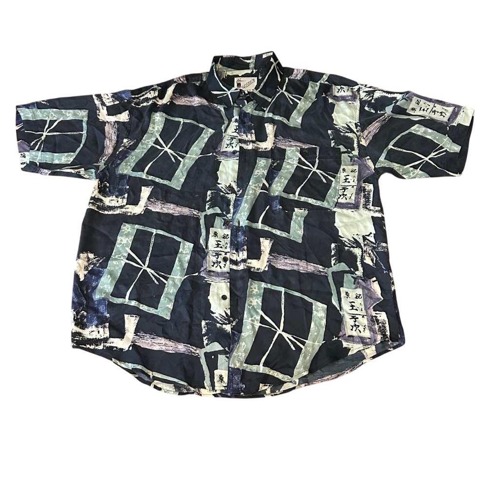 Goouch Vintage 100% Silk Abstract Geometric Japanese Print Shirt Mens XL Navy